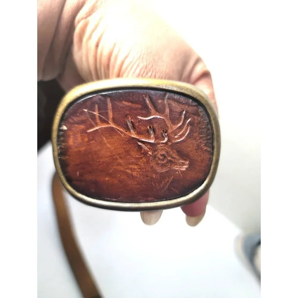 Vintage Leather Belt With‎ Deer Design & Buckle Size 36